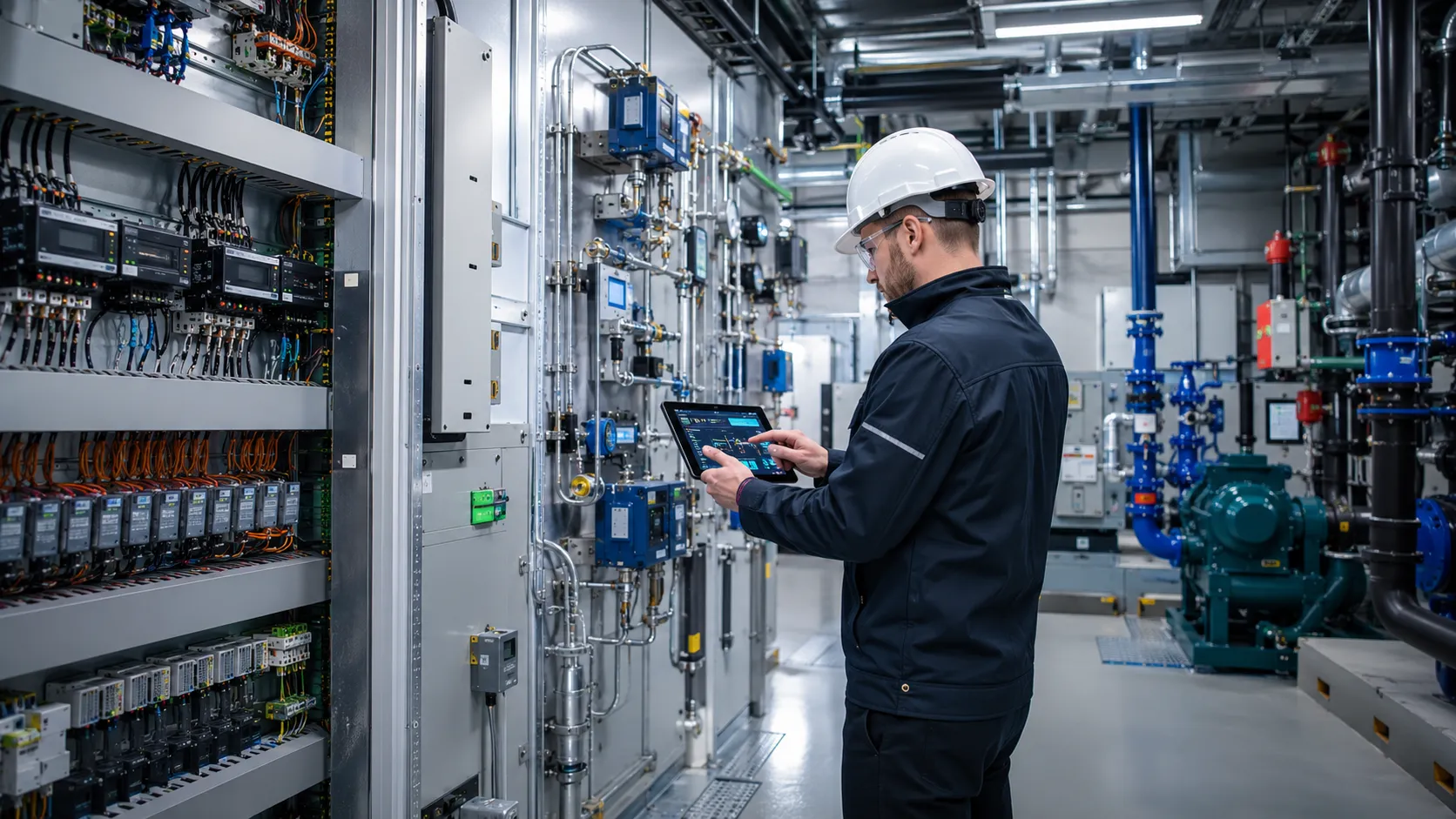Technician using a tablet at a building automation controls panel