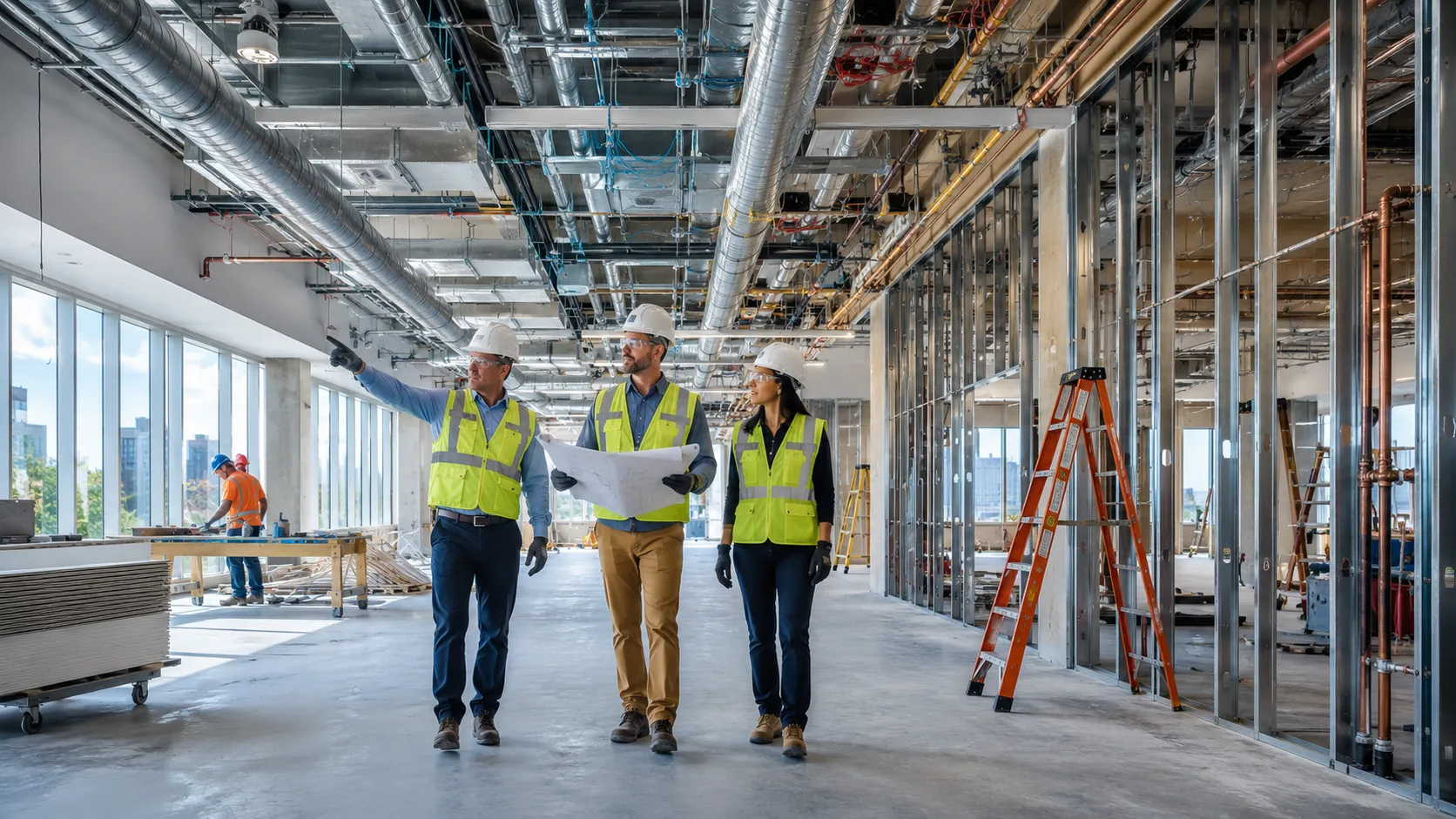 Construction crew walking through a commercial interior build-out