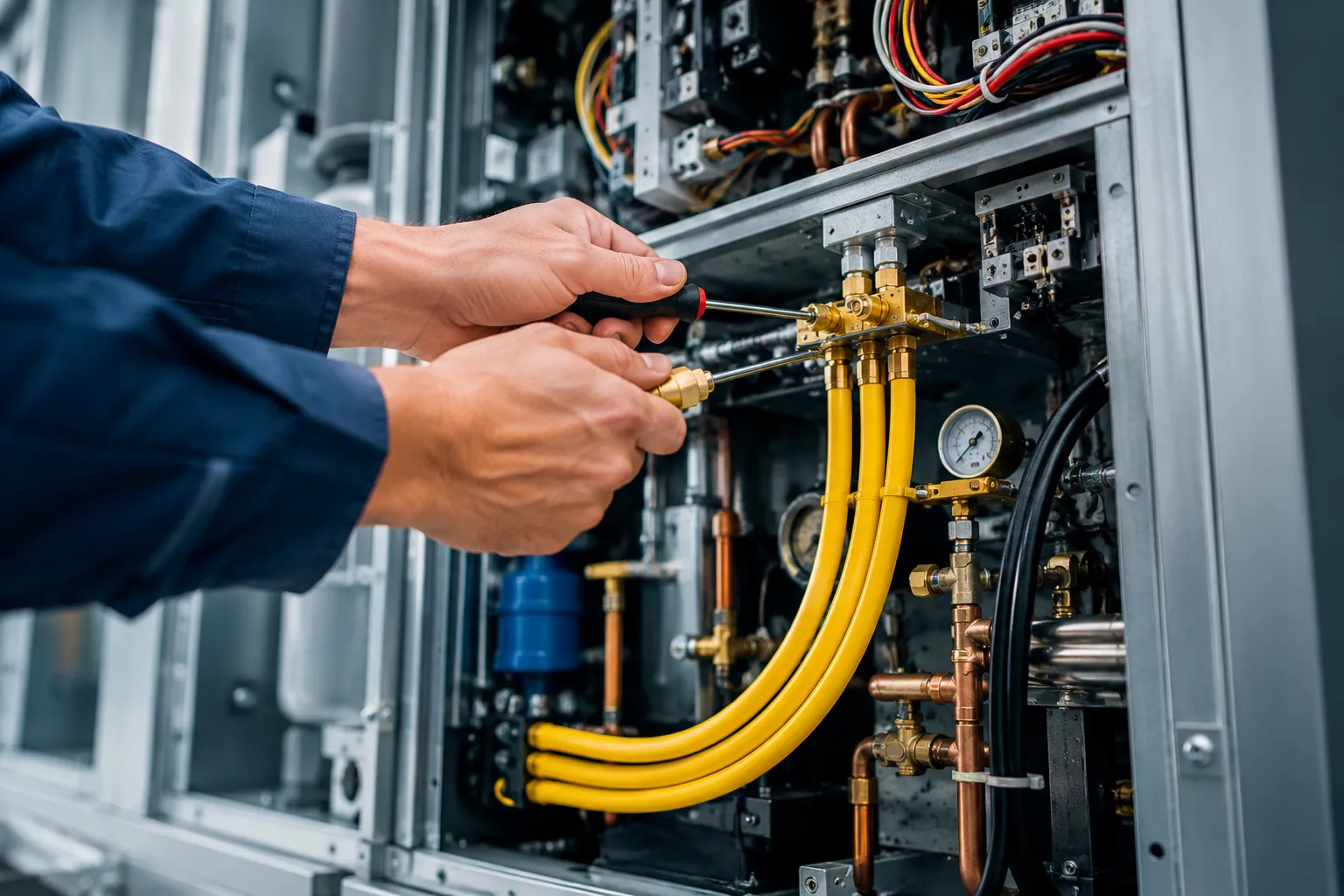 Technician servicing commercial mechanical and gas piping equipment