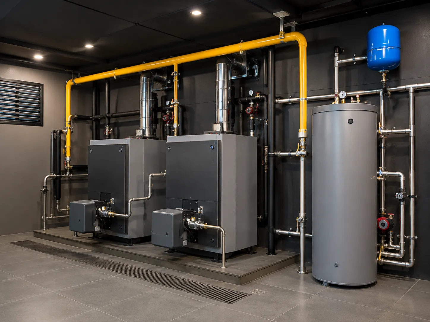 Commercial boiler room with piping and gas lines