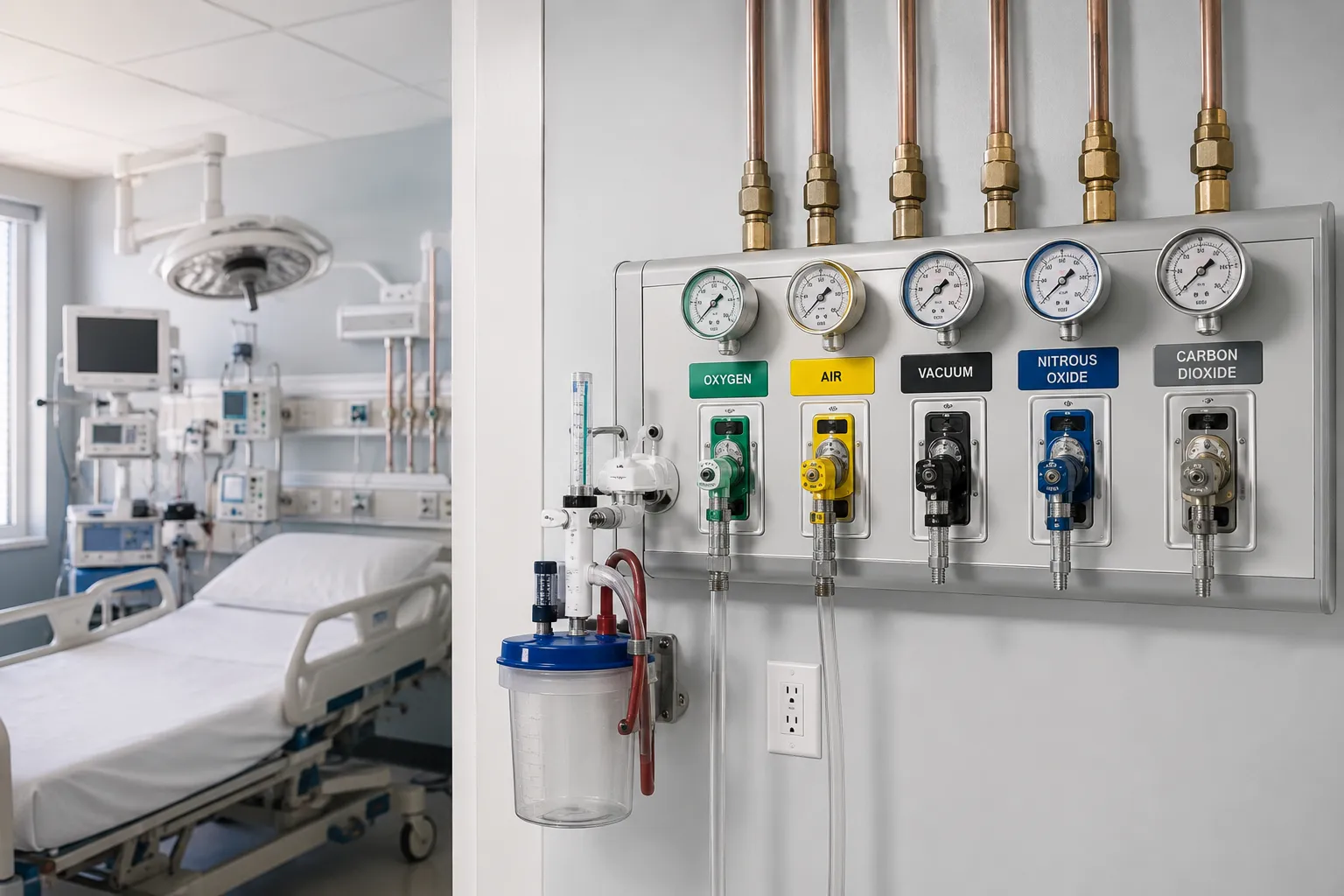 Hospital room with a medical gas manifold and gauges