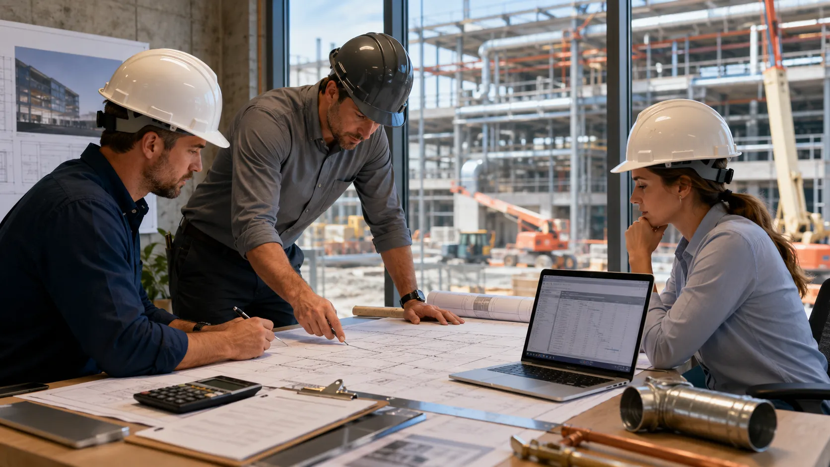 Project team reviewing construction plans on site