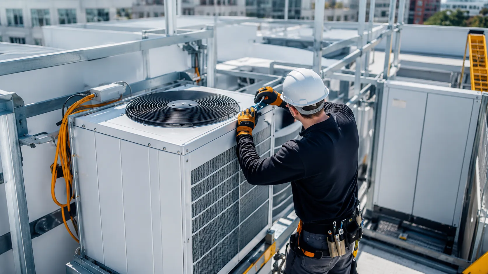 Technician servicing a commercial rooftop HVAC unit