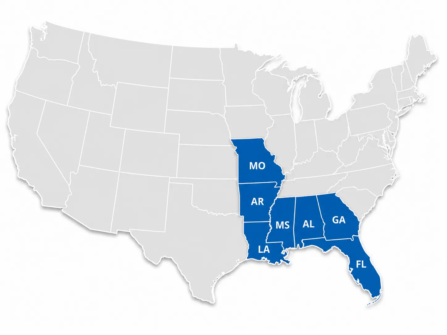 Map of Blue Wave Contracting's core service area across the South-Central and Southeastern United States